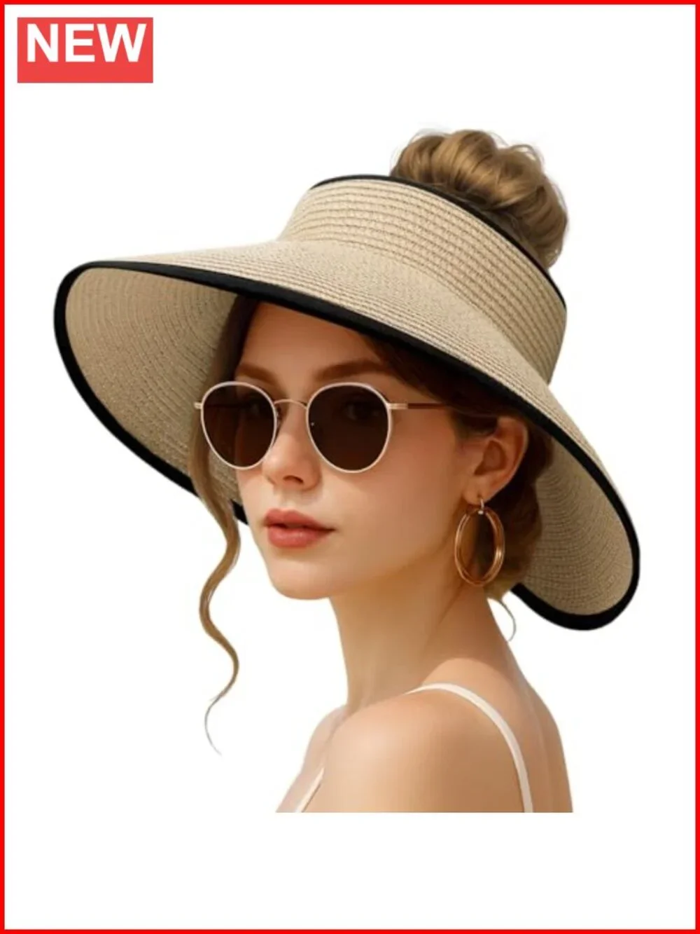 Wide Brim Straw Sun Visor Hat UPF 50+ Foldable Packable Ponytail Beach